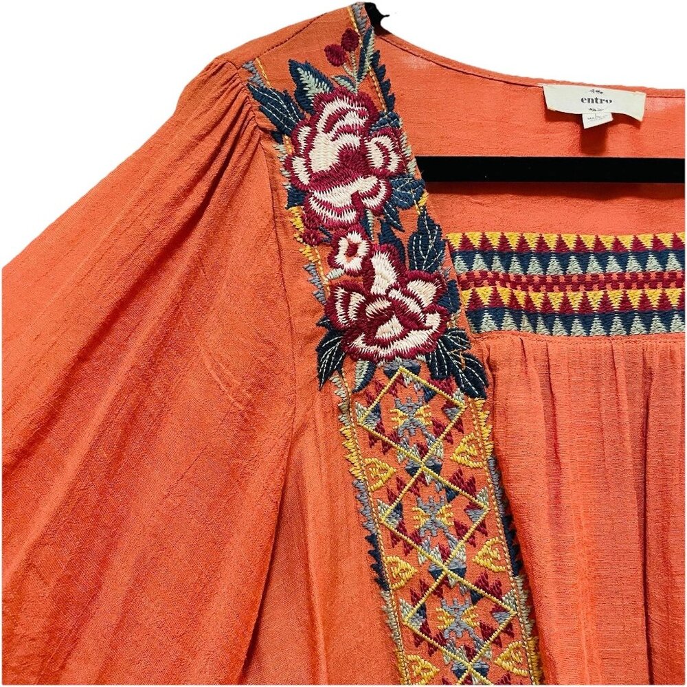 ENTRO Rust-Colored Embroidered Tie-Front Bell Sleeve Boho Shirt Sz L - Picture 4 of 10